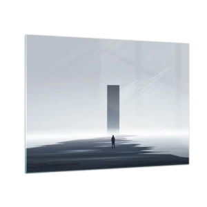 Impression sur verre - Image sur verre - Un paysage minimaliste avec une figure et un monolithe au loin. - 70x50cm - Opportunité ou menace ? - Décoration murale moderne pour le salon et la chambre ARTTOR