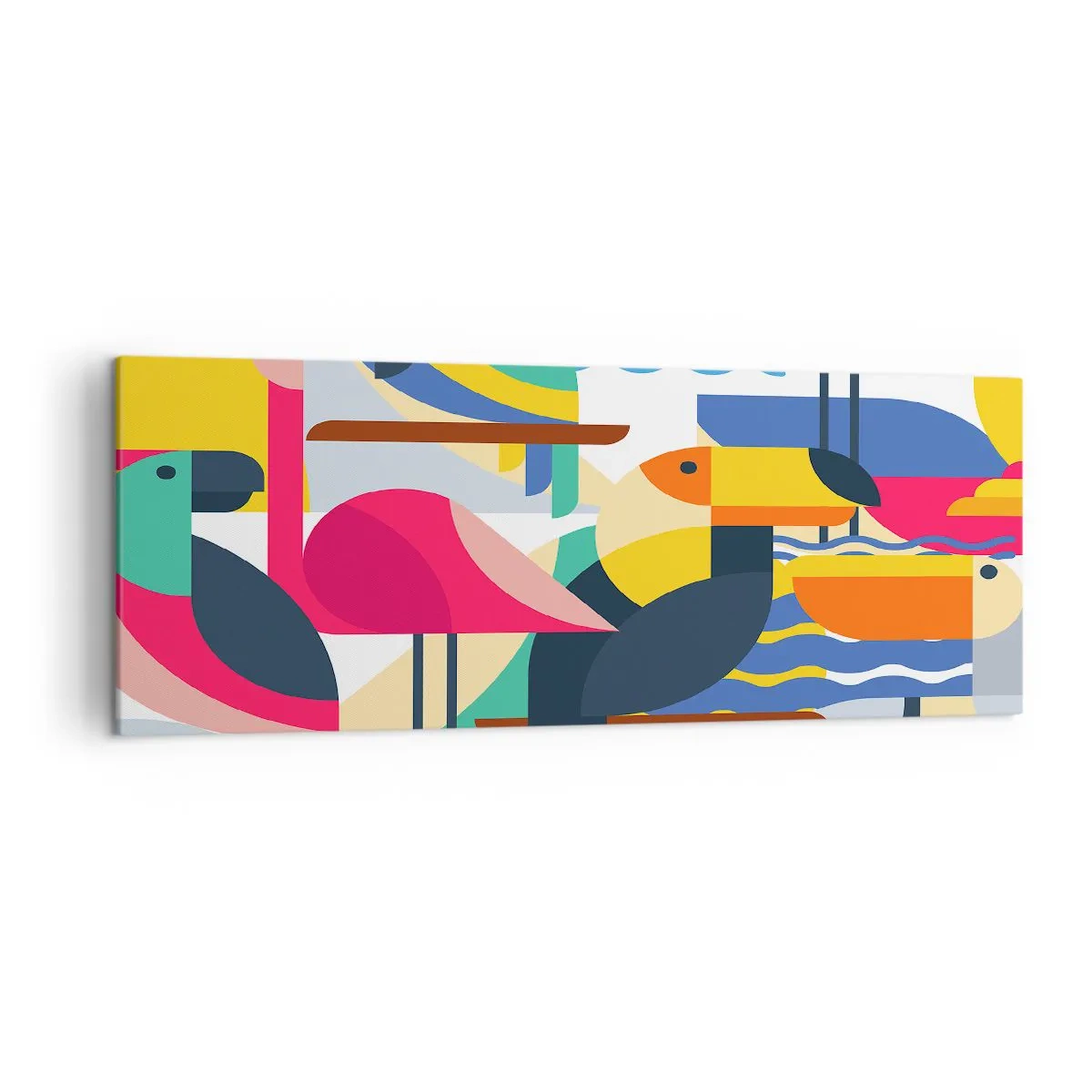 Impression sur toile - Image sur toile - Oiseaux colorés dans une composition abstraite et géométrique - 140x50cm - Fête des oiseaux - Décoration murale moderne pour le salon et la chambre ARTTOR
