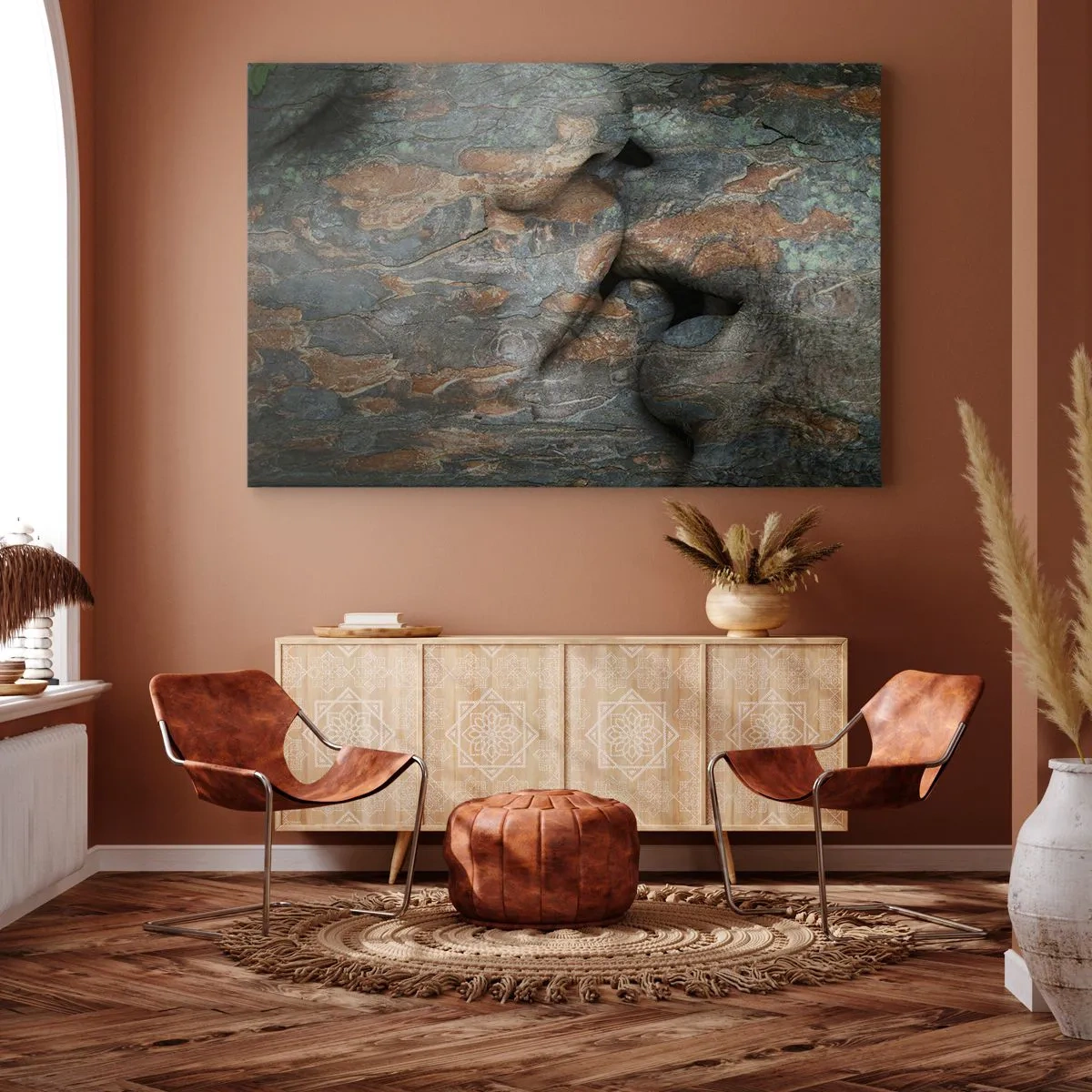 Impression sur toile - Image sur toile - Un motif artistique d'un visage sculpté dans la roche avec un effet de texture naturelle. - 100x70cm - Ensemble pour toujours - Décoration murale moderne pour le salon et la chambre ARTTOR