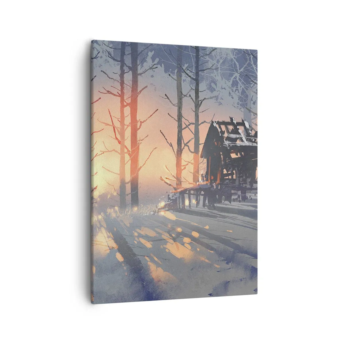 Impression sur toile - Image sur toile - Un chalet forestier dans un paysage hivernal avec les rayons du soleil couchant - 50x70cm - Seul le soleil regarde ici - Décoration murale moderne pour le salon et la chambre ARTTOR