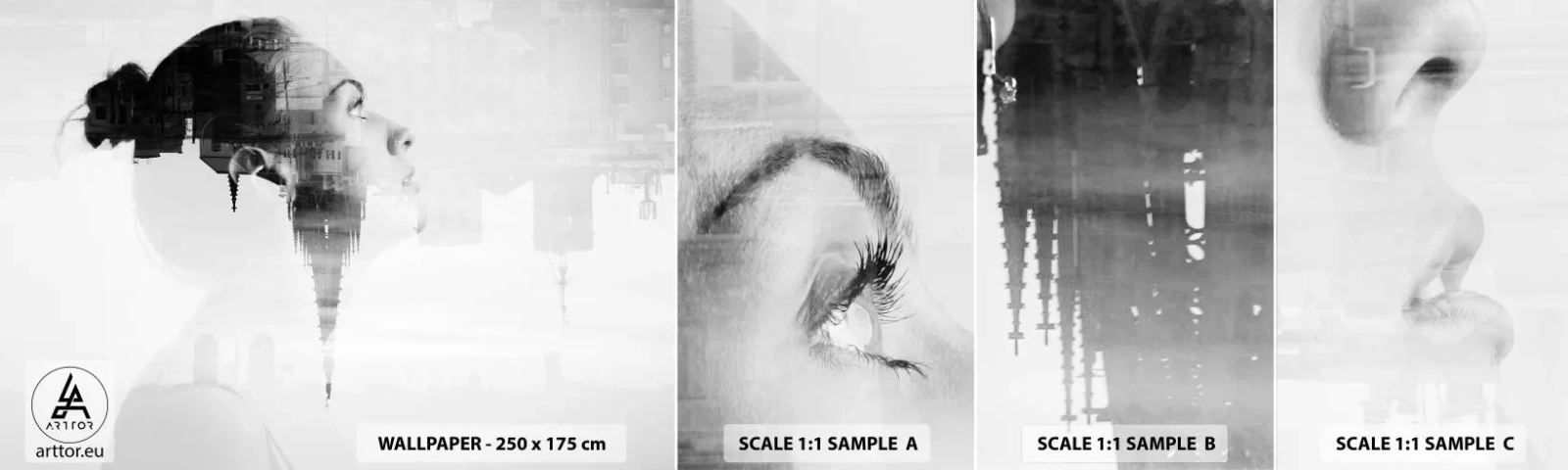 Échantillon De Papier Peint Standard Eco - Des deux côtés du verre - Abstraction, Visage de femme, Architecture - 100x30 cm