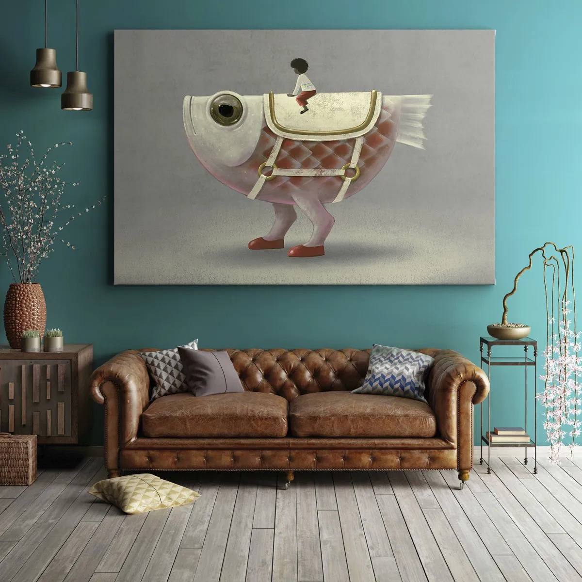 Impression sur toile - Image sur toile - Un cavalier de poisson fantaisie avec des jambes et une selle - 70x50cm - Le cavalier poisson - Décoration murale moderne pour le salon et la chambre ARTTOR