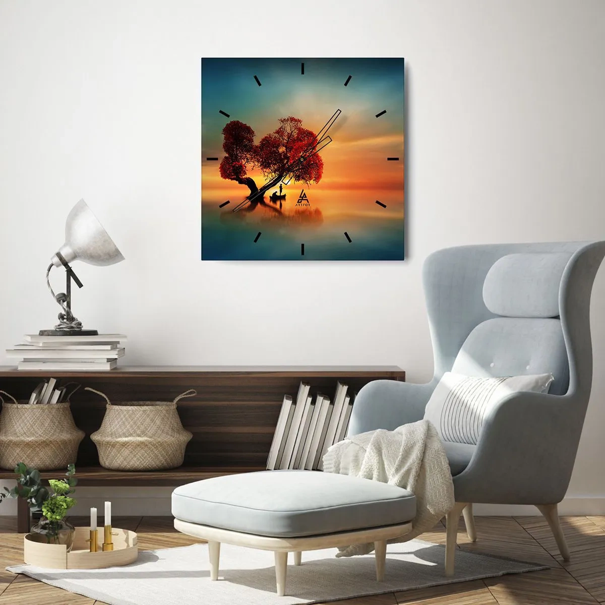Horloge murale - Pendule murale - Un arbre à feuilles rouges et un bateau sur l'eau au coucher du soleil - 30x30cm - Plénitude et éloignement sans monde - Décoration murale moderne pour le salon et la chambre ARTTOR