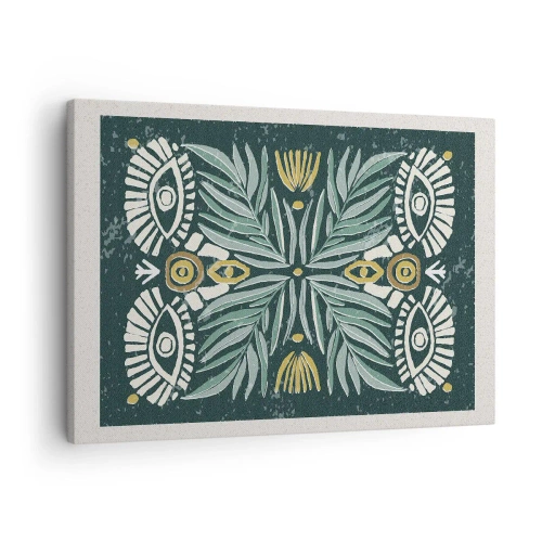 Impression sur toile - Image sur toile - Motif végétal symétrique sur fond vert - 70x50cm - Comme une découpe folklorique - Décoration murale moderne pour le salon et la chambre ARTTOR