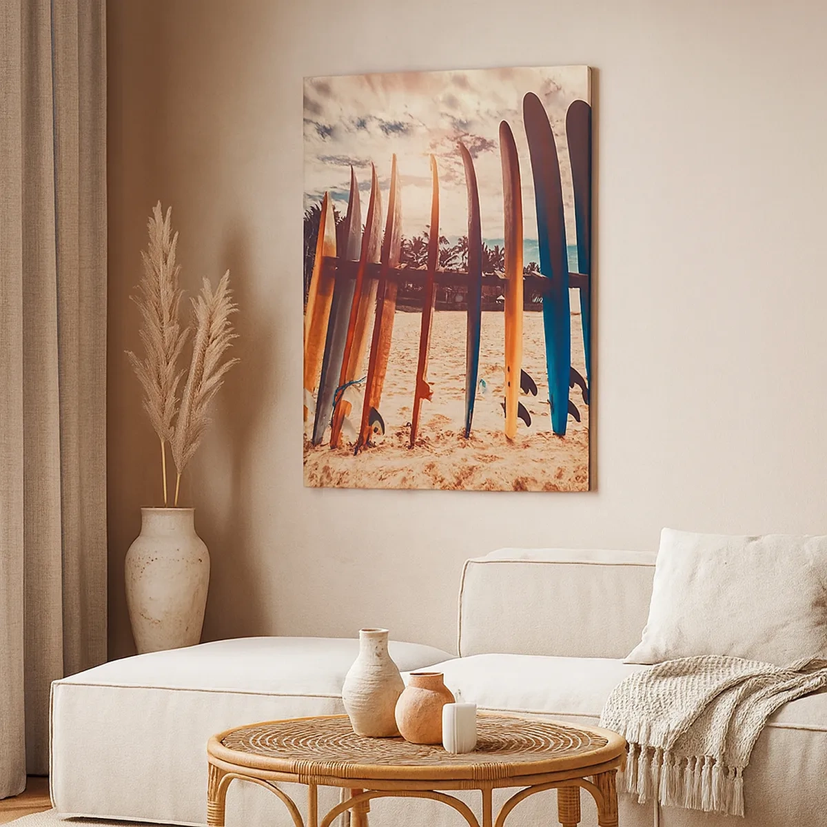 Impression sur toile - Image sur toile - Planches de surf sur la plage au coucher du soleil - 50x70cm - Bonne nuit, à demain - Décoration murale moderne pour le salon et la chambre ARTTOR