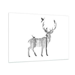 Impression sur verre - Image sur verre - Silhouette graphique d'un cerf avec un motif de forêt et d'oiseaux - 100x70cm - La bonne âme de la forêt - Décoration murale moderne pour le salon et la chambre ARTTOR