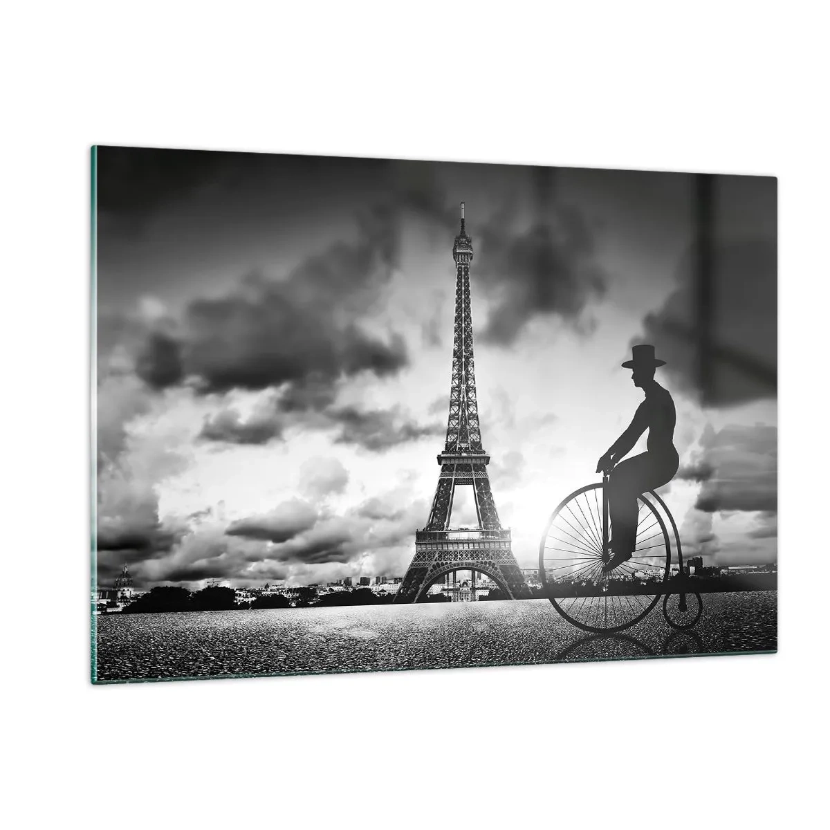 Impression sur verre - Image sur verre - Tour Eiffel avec vélo rétro en noir et blanc - 120x80cm - Nostalgie de la Belle Epoque - Décoration murale moderne pour le salon et la chambre ARTTOR