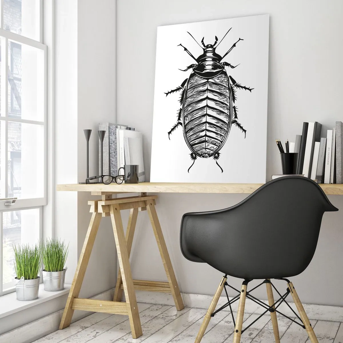 Impression sur verre - Image sur verre - Illustration en noir et blanc d'un insecte sur fond blanc - 50x70cm - Quel spécimen! - Décoration murale moderne pour le salon et la chambre ARTTOR