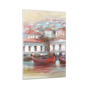 Impression sur verre - Image sur verre - Bateaux colorés et bâtiments pittoresques au bord de l'eau dans des tons pastel - 80x120cm - Petite ville heureuse - Décoration murale moderne pour le salon et la chambre ARTTOR