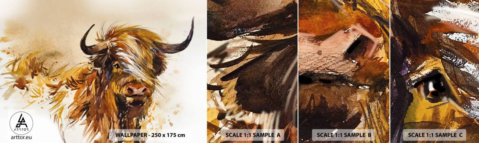 Échantillon de Papier Peint Autocollant Deluxe Sticker - Fierté du chasseur - Animaux, Abstraction, Buffle écossais - 100x30 cm