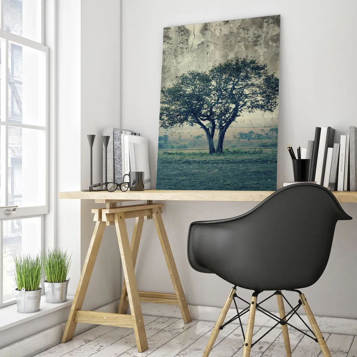 Impression sur verre - Image sur verre - Un arbre solitaire dans un paysage brumeux - 70x100cm - Un pommier sur un champ bleu ? - Décoration murale moderne pour le salon et la chambre ARTTOR