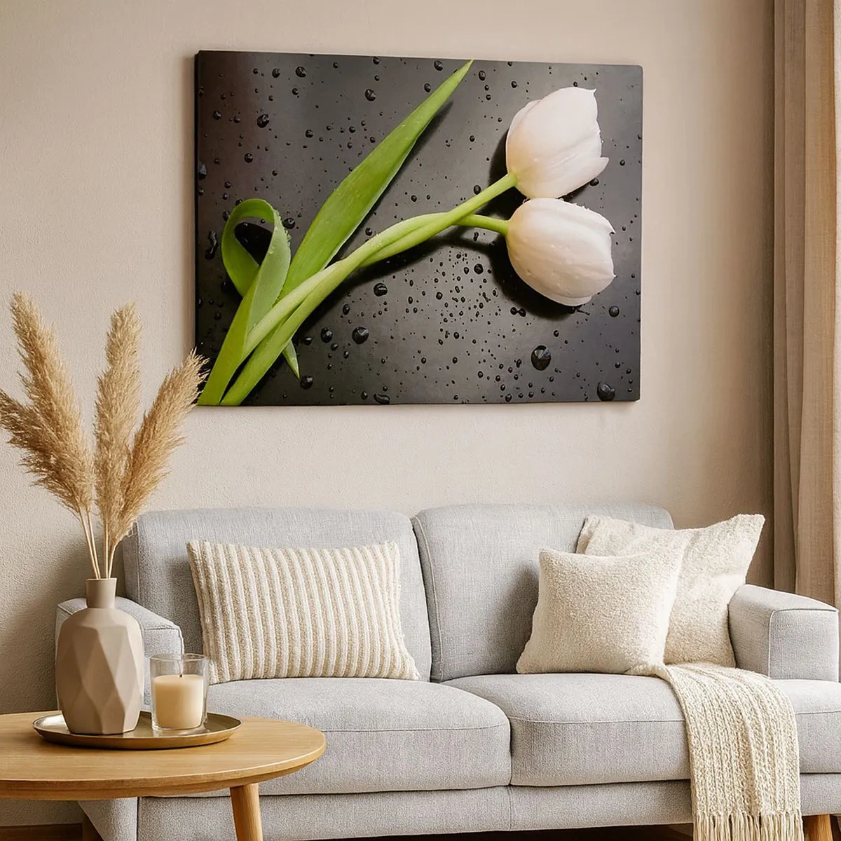 Impression sur toile - Image sur toile - Tulipes blanches sur fond noir avec des gouttes d'eau - 70x50cm - Tissage de printemps - Décoration murale moderne pour le salon et la chambre ARTTOR