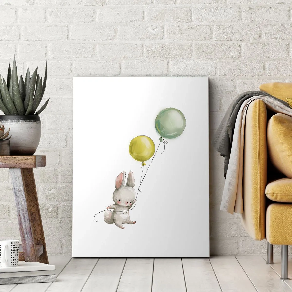 Impression sur toile - Image sur toile - Un lapin tenant des ballons aux couleurs pastel - 50x70cm - Moi aussi je vole! - Décoration murale moderne pour le salon et la chambre ARTTOR