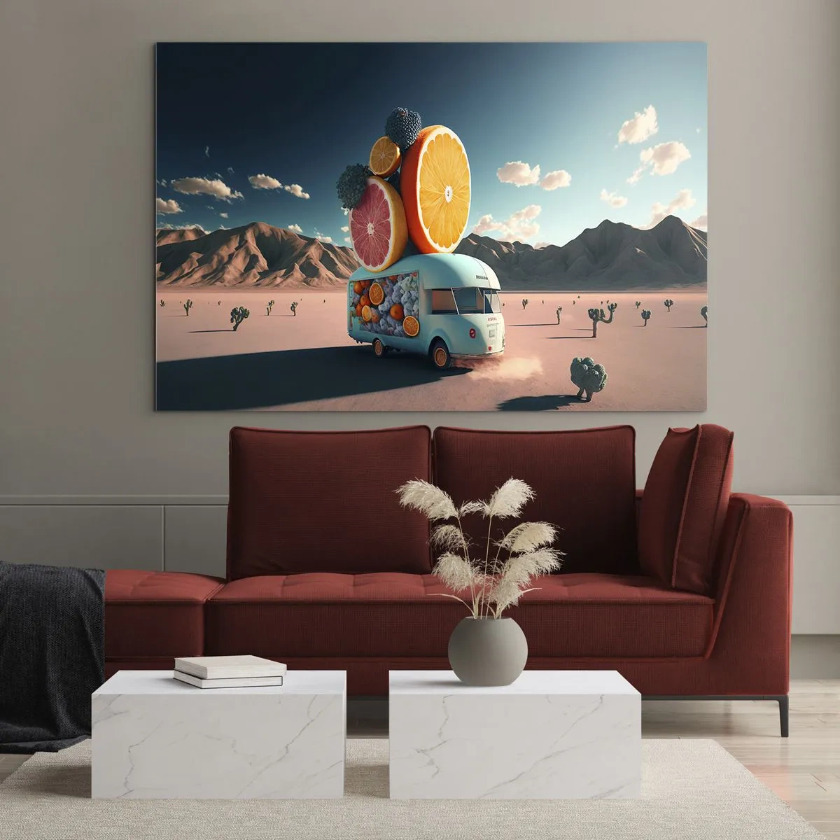 Impression sur verre - Image sur verre - Un camping-car turquoise avec des fruits sur un paysage désertique - 70x50cm - Le goût des vacances - Décoration murale moderne pour le salon et la chambre ARTTOR