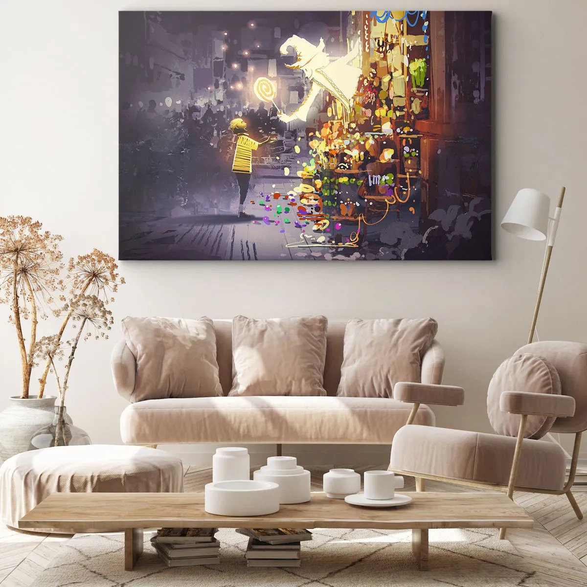 Impression sur toile - Image sur toile - Un personnage de conte de fées et un enfant dans une rue pleine de lumières et de magie - 70x50cm - La magie existe - Décoration murale moderne pour le salon et la chambre ARTTOR