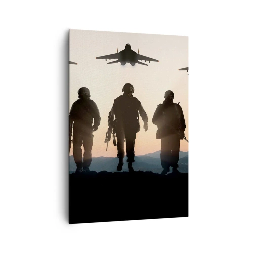 Impression sur toile - Image sur toile - Silhouettes de soldats et d'avions de chasse sur fond de coucher de soleil - 70x100cm - Bienvenue dans notre monde - Décoration murale moderne pour le salon et la chambre ARTTOR