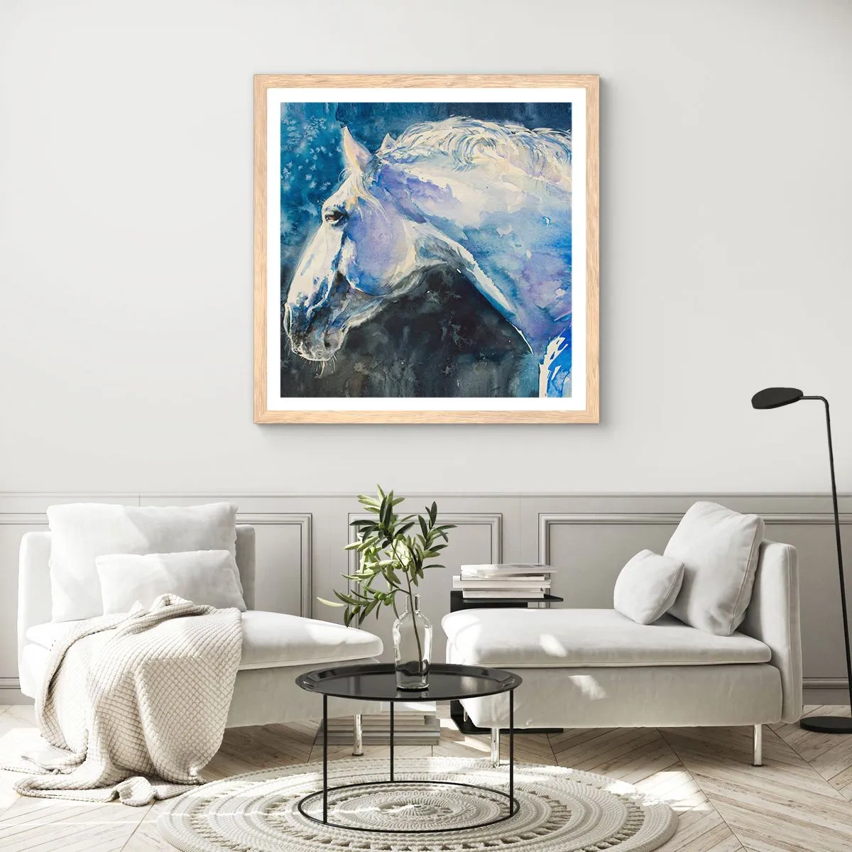 Affiche dans un chêne clair - Poster - Portrait dans une lueur azur - 60x60 cm