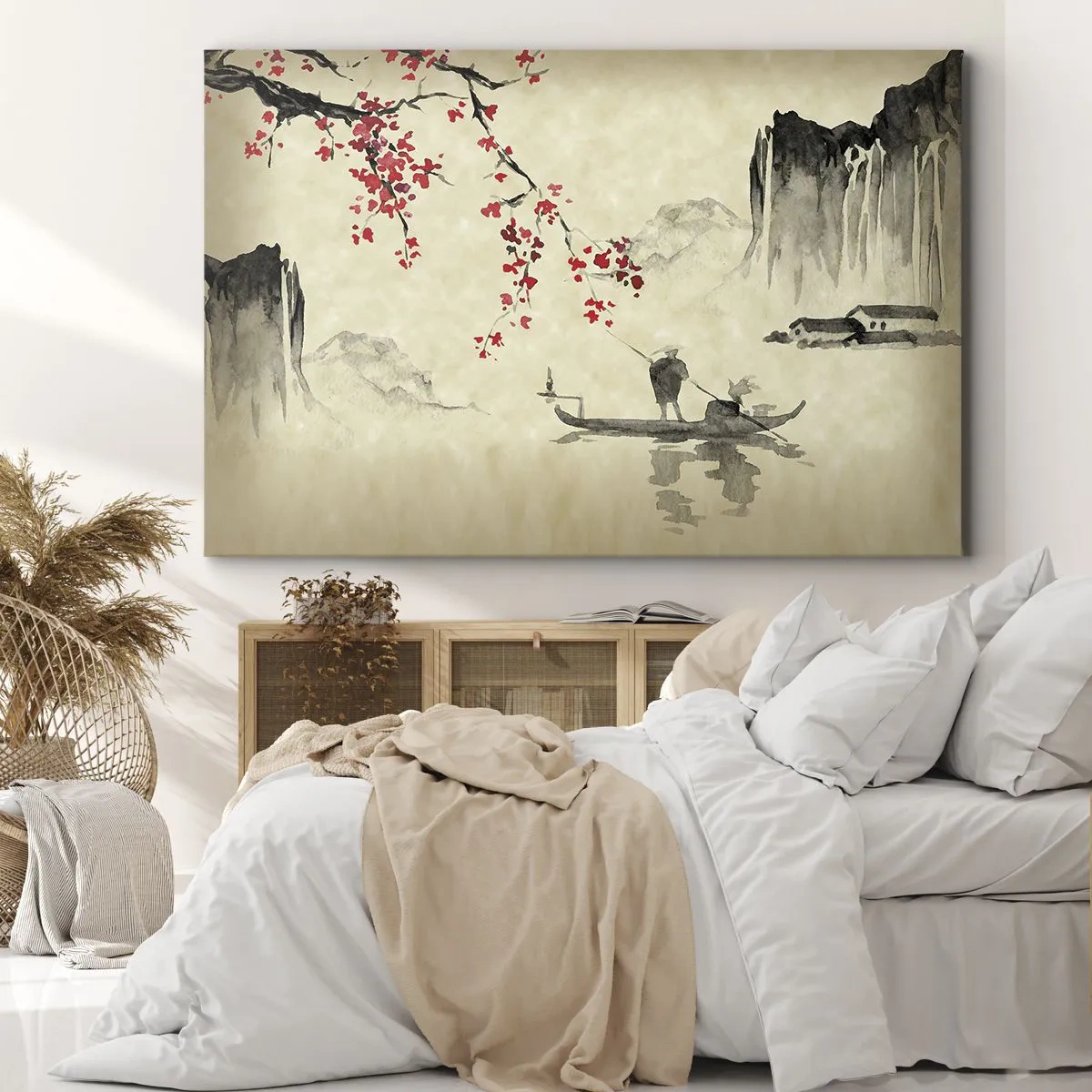 Impression sur toile - Image sur toile - Illustration orientale avec un bateau et une branche fleurie - 120x80cm - Au pays des cerisiers en fleurs - Décoration murale moderne pour le salon et la chambre ARTTOR