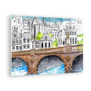 Impression sur verre - Image sur verre - Le pont et l'architecture urbaine sous forme d'esquisse à l'aquarelle - 70x50cm - Une ville comme peinte - Décoration murale moderne pour le salon et la chambre ARTTOR