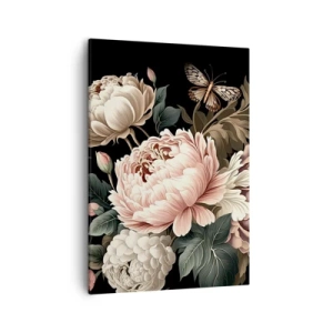 Impression sur toile - Image sur toile - Un bouquet de fleurs roses et de papillons sur fond noir - 50x70cm - De style baroque - Décoration murale moderne pour le salon et la chambre ARTTOR
