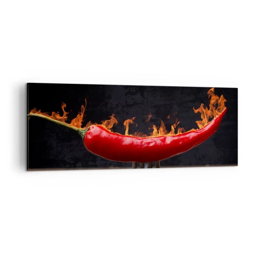 Impression sur toile - Image sur toile - Poivron rouge flamboyant sur une fourchette - 140x50cm - Un apéritif enflammé - Décoration murale moderne pour le salon et la chambre ARTTOR