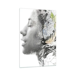 Impression sur verre - Image sur verre - Profil d'une femme dans un collage artistique de nature et de noirceur - 70x100cm - Immergé dans la nature - Décoration murale moderne pour le salon et la chambre ARTTOR