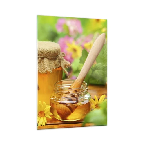 Impression sur verre - Image sur verre - Pots de miel avec des fleurs sur fond de jardin d'été - 80x120cm - Doux et fleuri - Décoration murale moderne pour le salon et la chambre ARTTOR