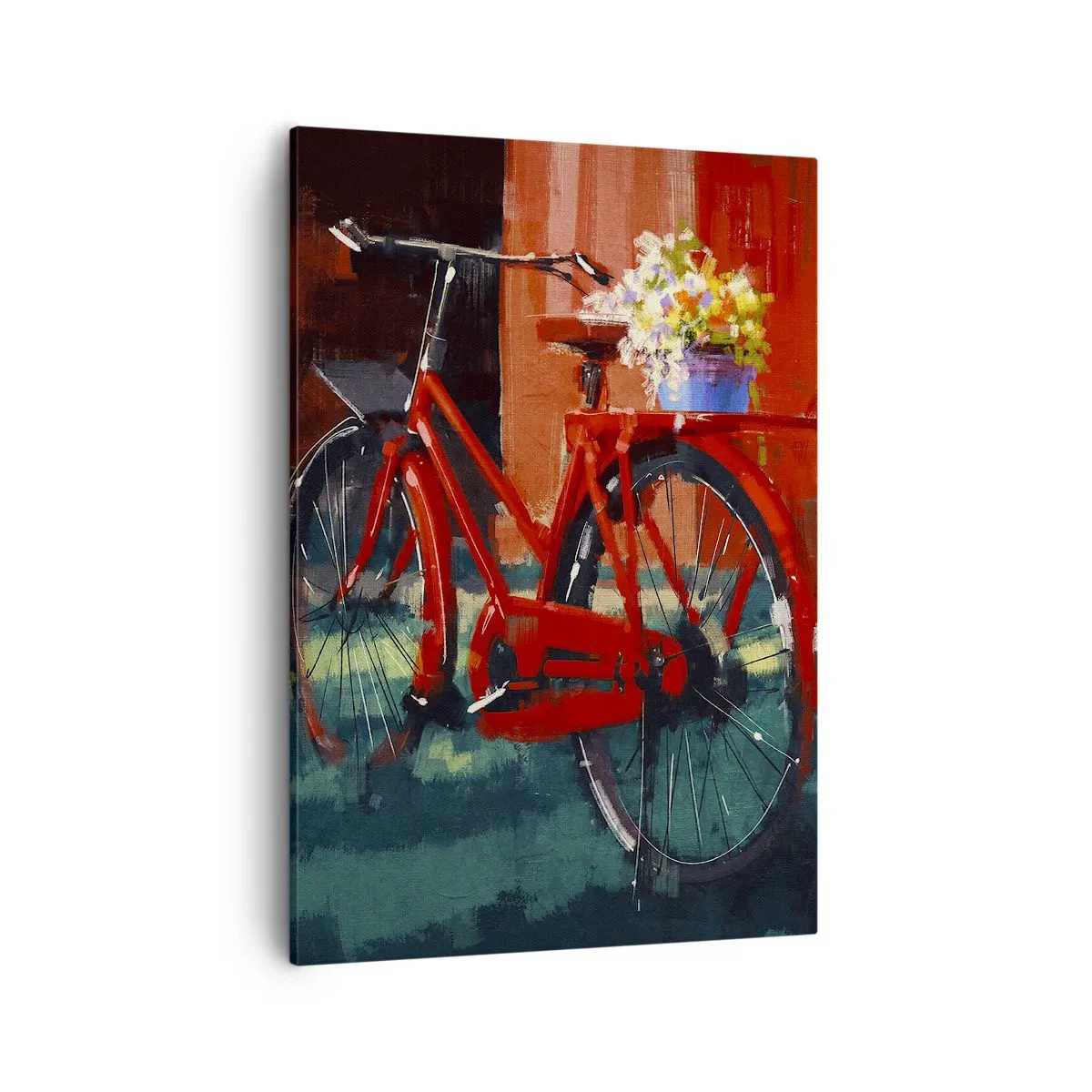 Impression sur toile - Image sur toile - Un vélo rouge avec des fleurs contre un mur orange - 50x70cm - I want to ride my bicycle - Décoration murale moderne pour le salon et la chambre ARTTOR