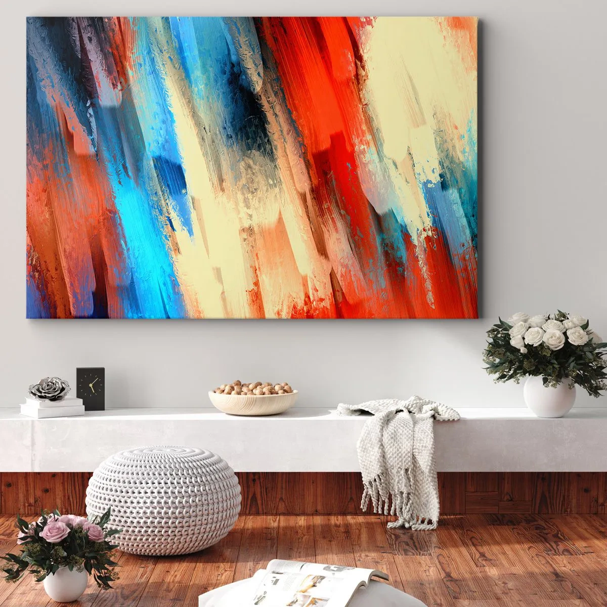 Impression sur toile - Image sur toile - Coup de pinceau abstrait dans les tons bleu et orange - 100x70cm - Une cascade de couleurs - Décoration murale moderne pour le salon et la chambre ARTTOR
