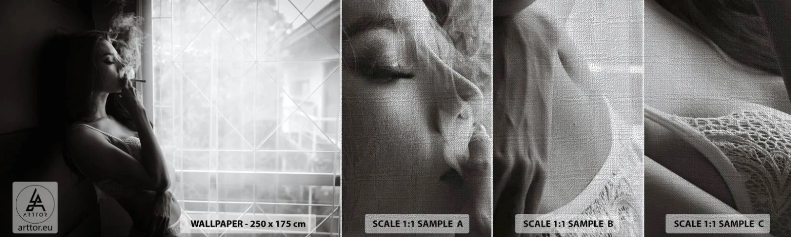 Échantillon de Papier Peint Premium Canvas - Vous sentez-vous libre ? - Femme, Cigarette, Chambre à coucher - 100x30 cm