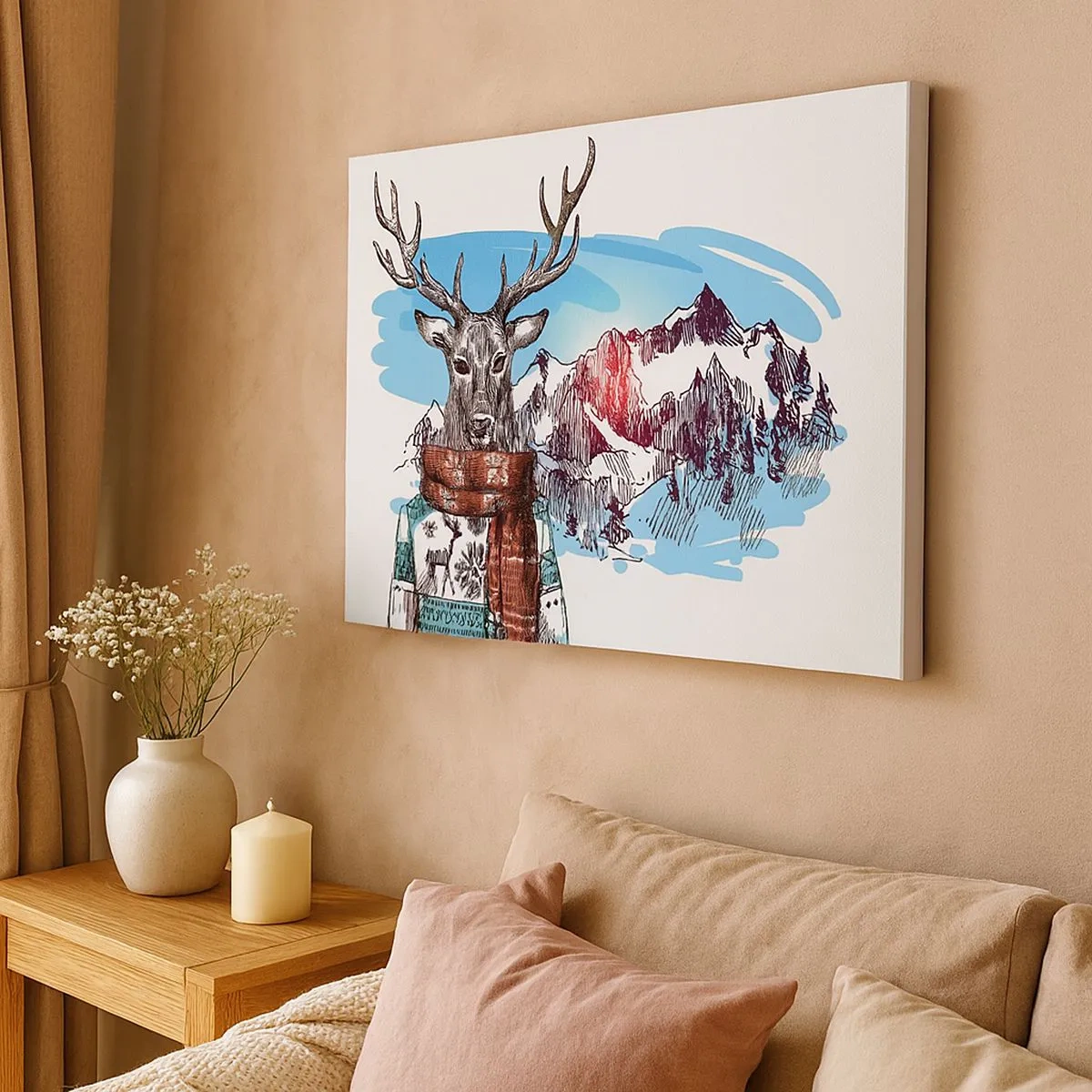 Impression sur toile - Image sur toile - Un cerf dans un pull d'hiver sur fond de paysage de montagne - 70x50cm - Même le cerf ne gèle pas - Décoration murale moderne pour le salon et la chambre ARTTOR