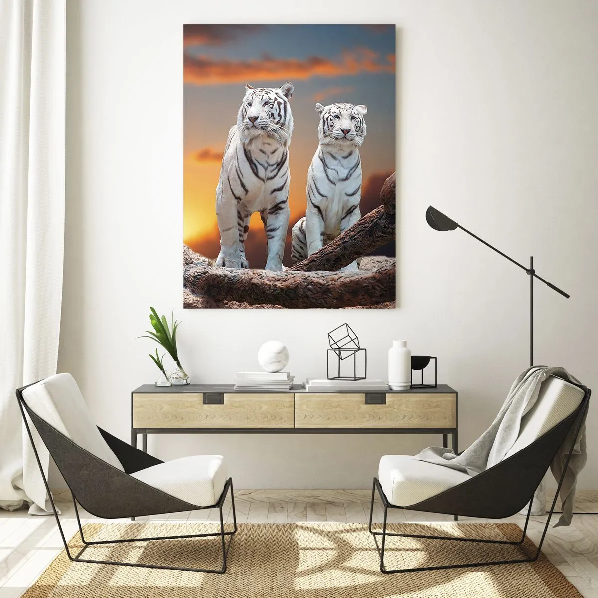 Impression sur verre - Image sur verre - Tigres blancs contre le soleil couchant - 50x70cm - Tout comme à Narnia - Décoration murale moderne pour le salon et la chambre ARTTOR
