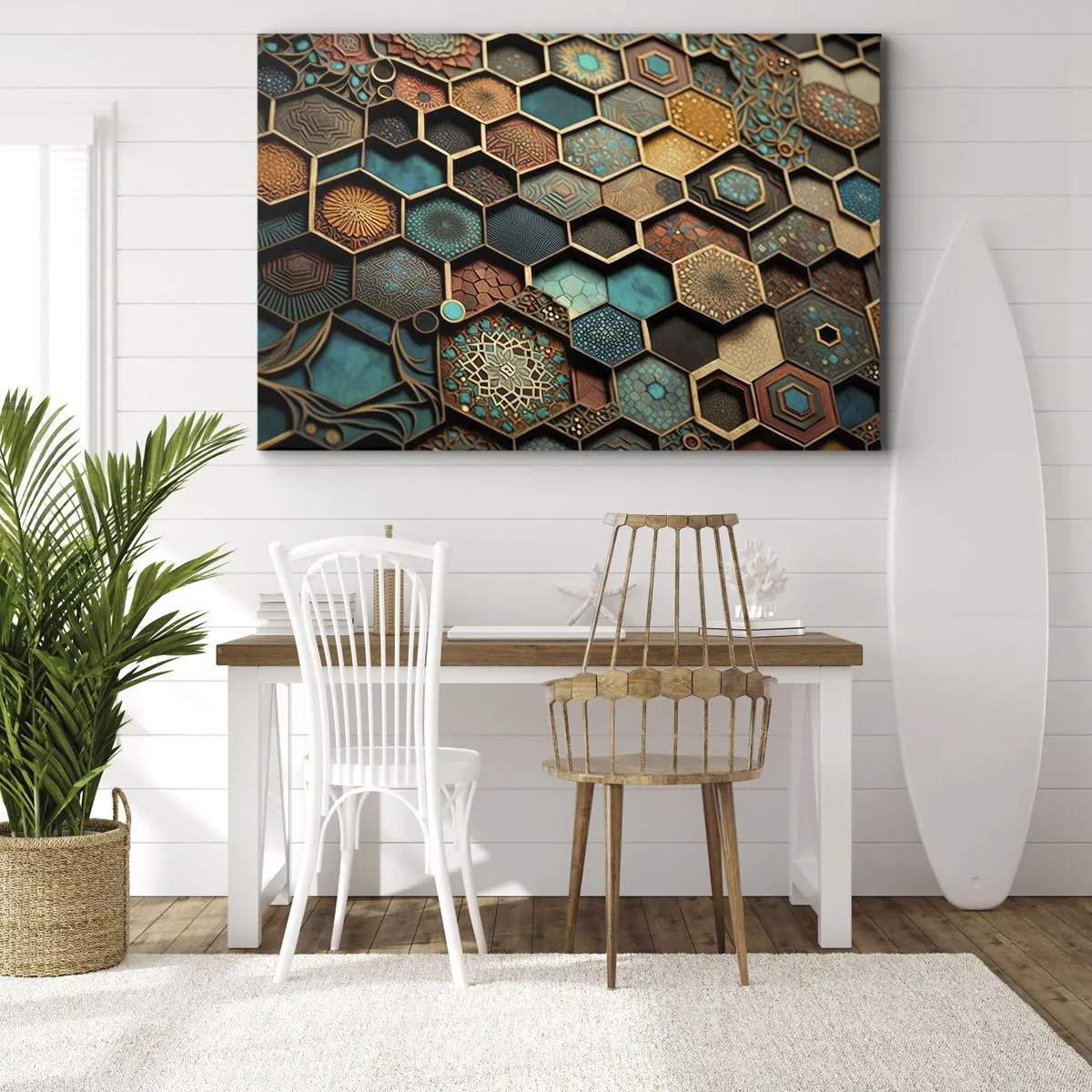Impression sur toile - Image sur toile - Ornements colorés aux motifs hexagonaux - 120x80cm - Ornements arabes – variation - Décoration murale moderne pour le salon et la chambre ARTTOR