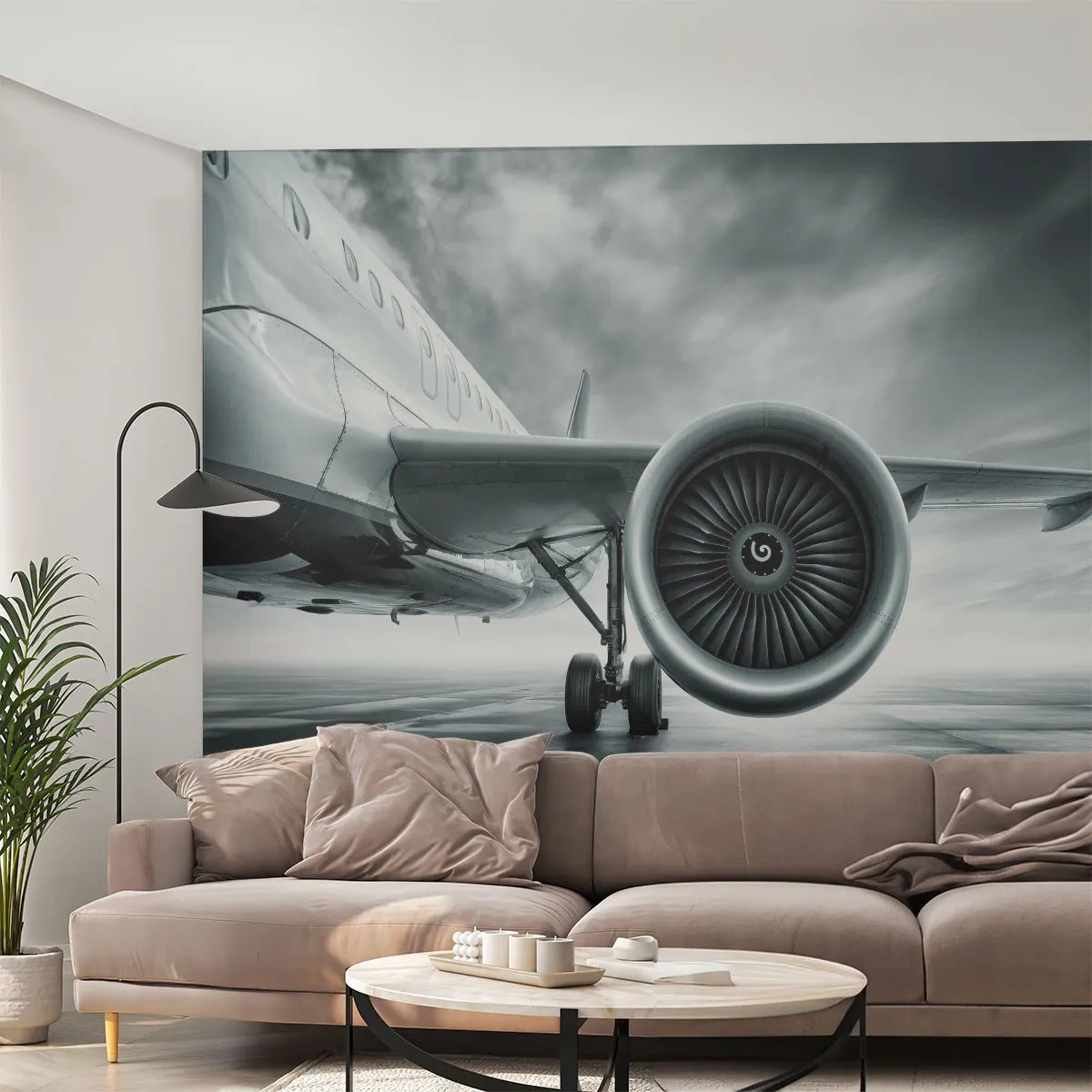 Papier Peint Photo Premium Sand - Un réacteur sur le tarmac à l'aube - 100x70cm - Sent la force! - Décoration murale moderne pour le salon et la chambre ARTTOR
