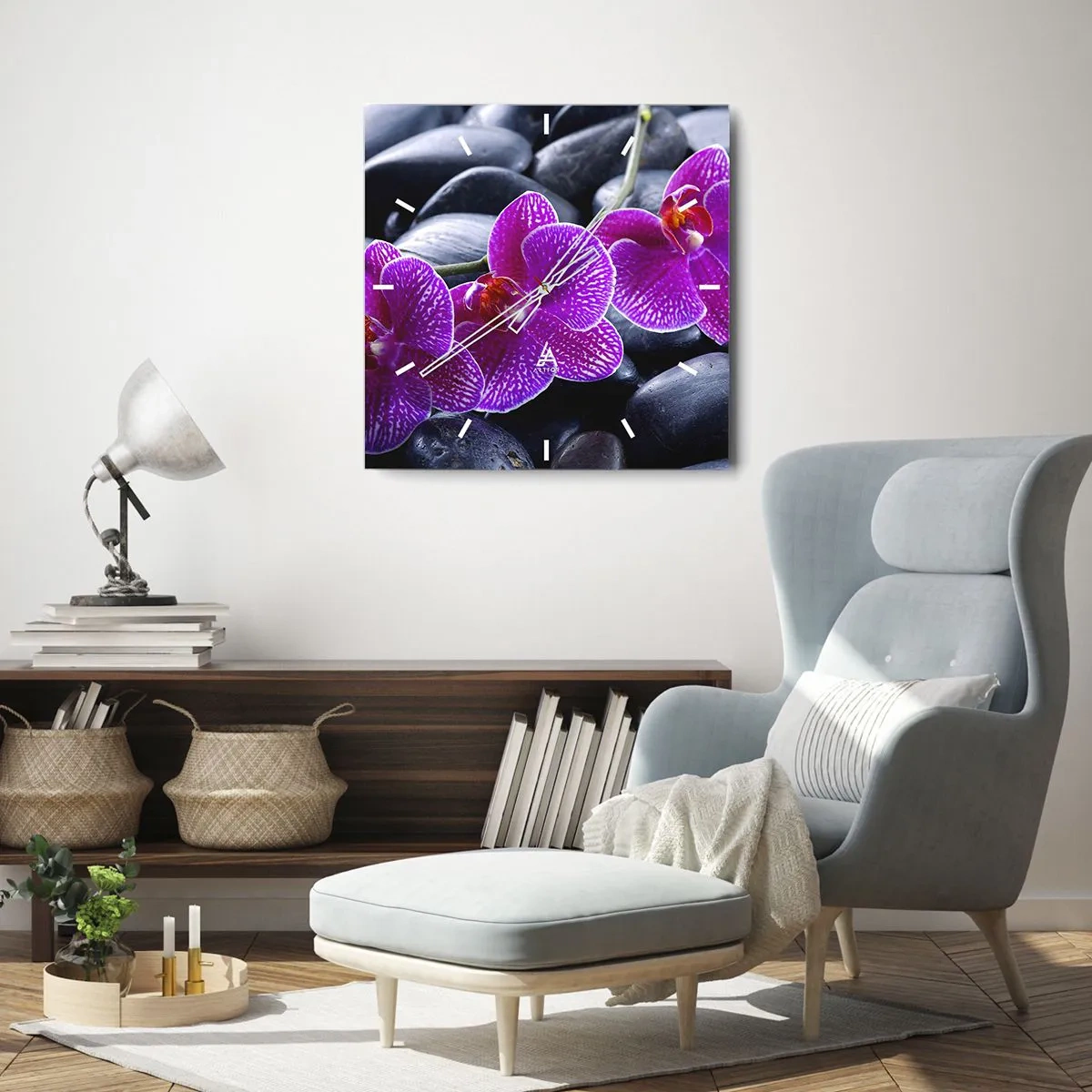Horloge murale - Pendule murale - Orchidées violettes sur fond de pierres noires - 30x30cm - Les pierres brillaient de joie - Décoration murale moderne pour le salon et la chambre ARTTOR