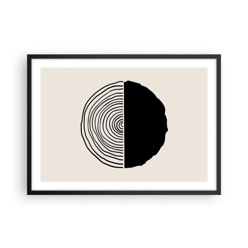 Affiche dans un cadre noir - Poster - Un motif abstrait en noir et blanc inspiré d'une coupe transversale de bois avec une division géométrique. - 70x50cm - Moitié-moitié - Décoration murale moderne pour le salon et la chambre ARTTOR