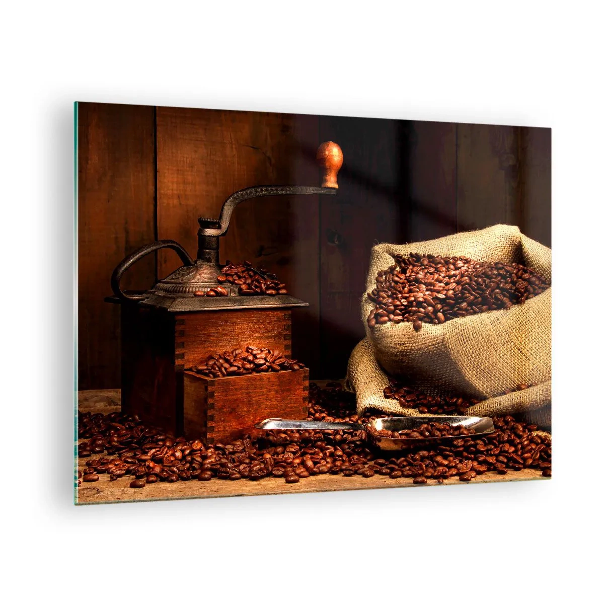 Impression sur verre - Image sur verre - Un vieux moulin à café avec des grains et un sac de café - 70x50cm - Nature morte avec grains de café et moulin - Décoration murale moderne pour le salon et la chambre ARTTOR