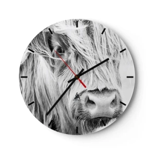 Horloge murale - Pendule murale - Portrait d'un bovin écossais à poil long en noir et blanc - 30x30cm - Sauvagerie écossaise - Décoration murale moderne pour le salon, la cuisine et la chambre ARTTOR