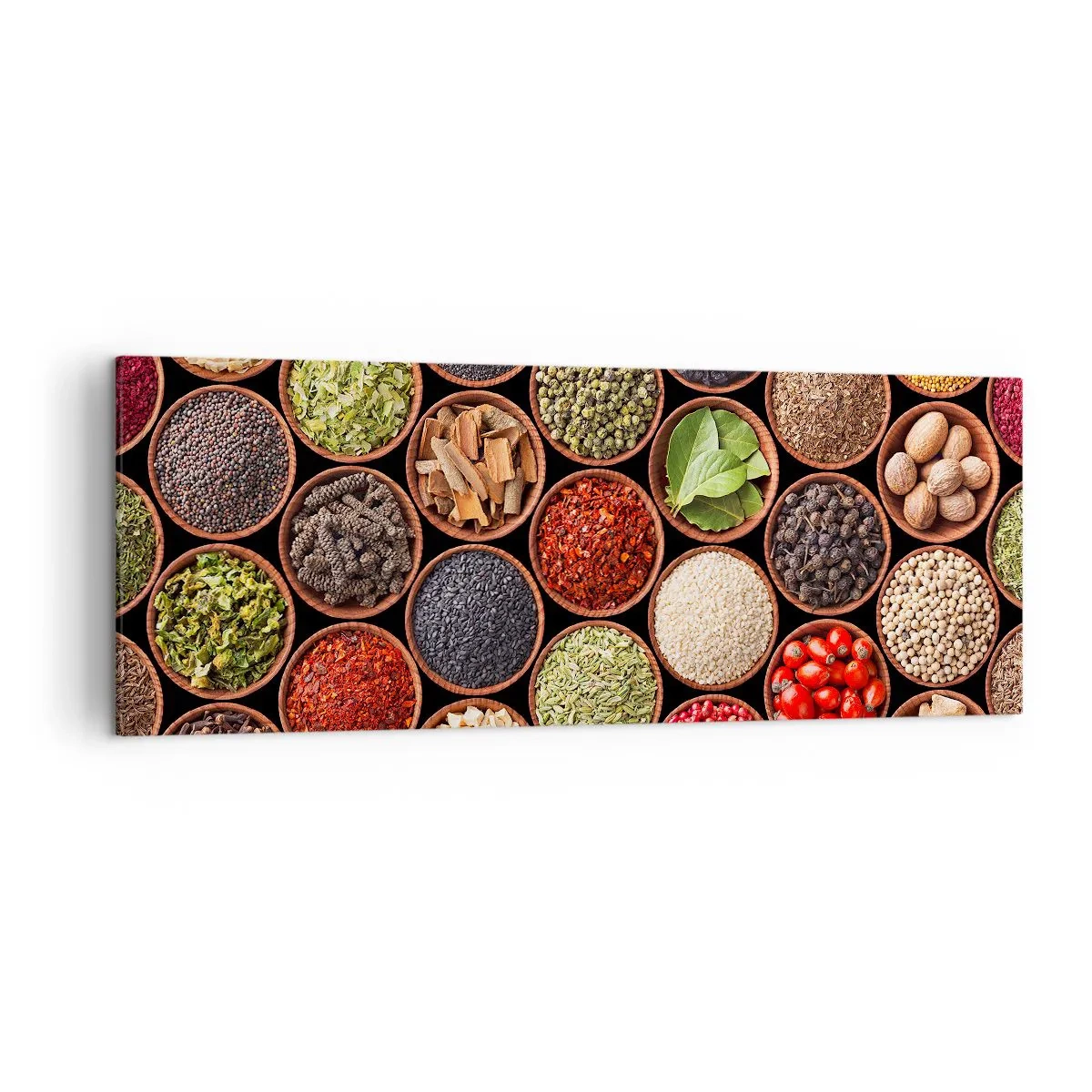 Impression sur toile - Image sur toile - Épices colorées dans des récipients ronds - 140x50cm - Toutes les saveurs du monde - Décoration murale moderne pour le salon et la chambre ARTTOR