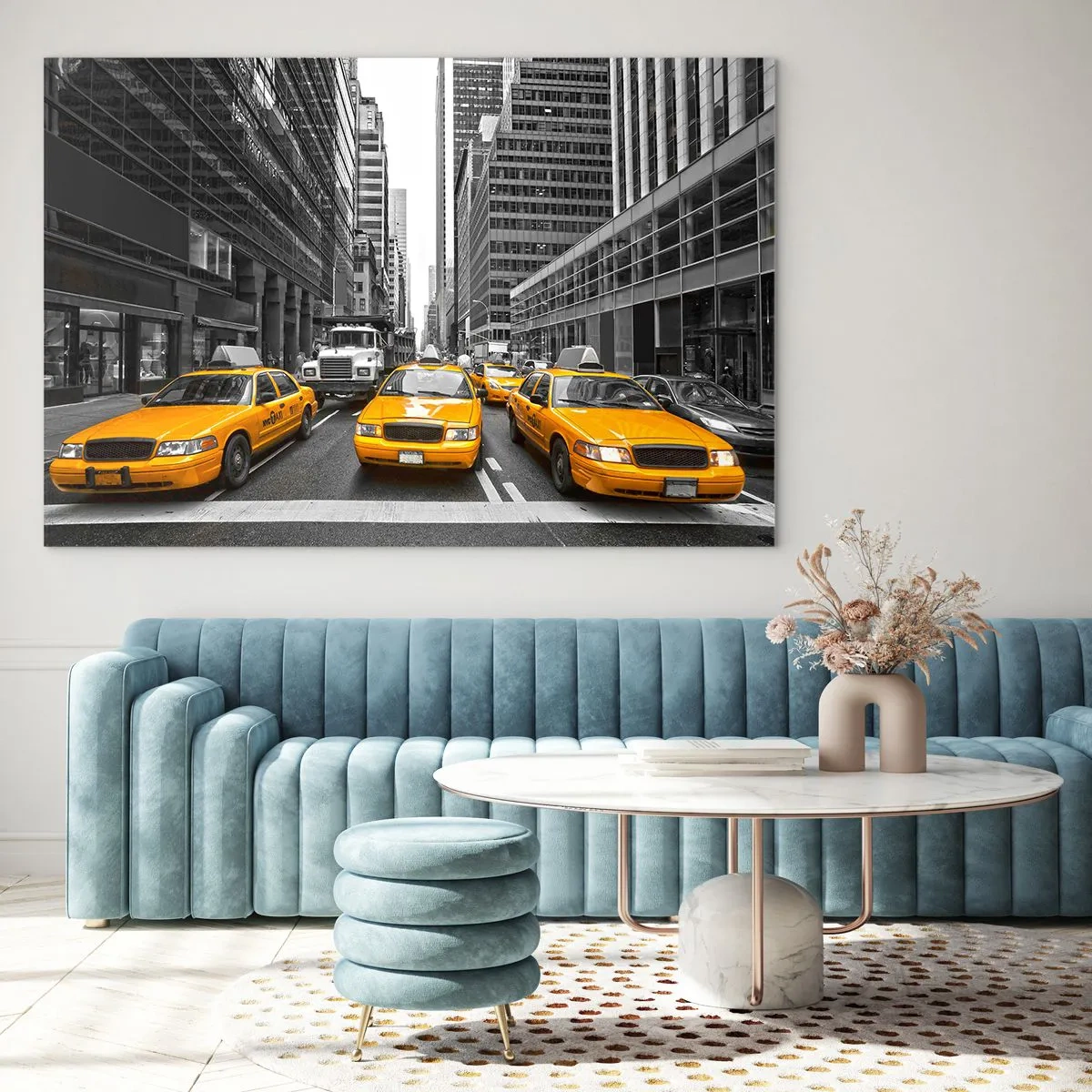 Impression sur verre - Image sur verre - Taxis jaunes dans les rues de New York - 100x70cm - C'est nous qui colorons la ville - Décoration murale moderne pour le salon et la chambre ARTTOR