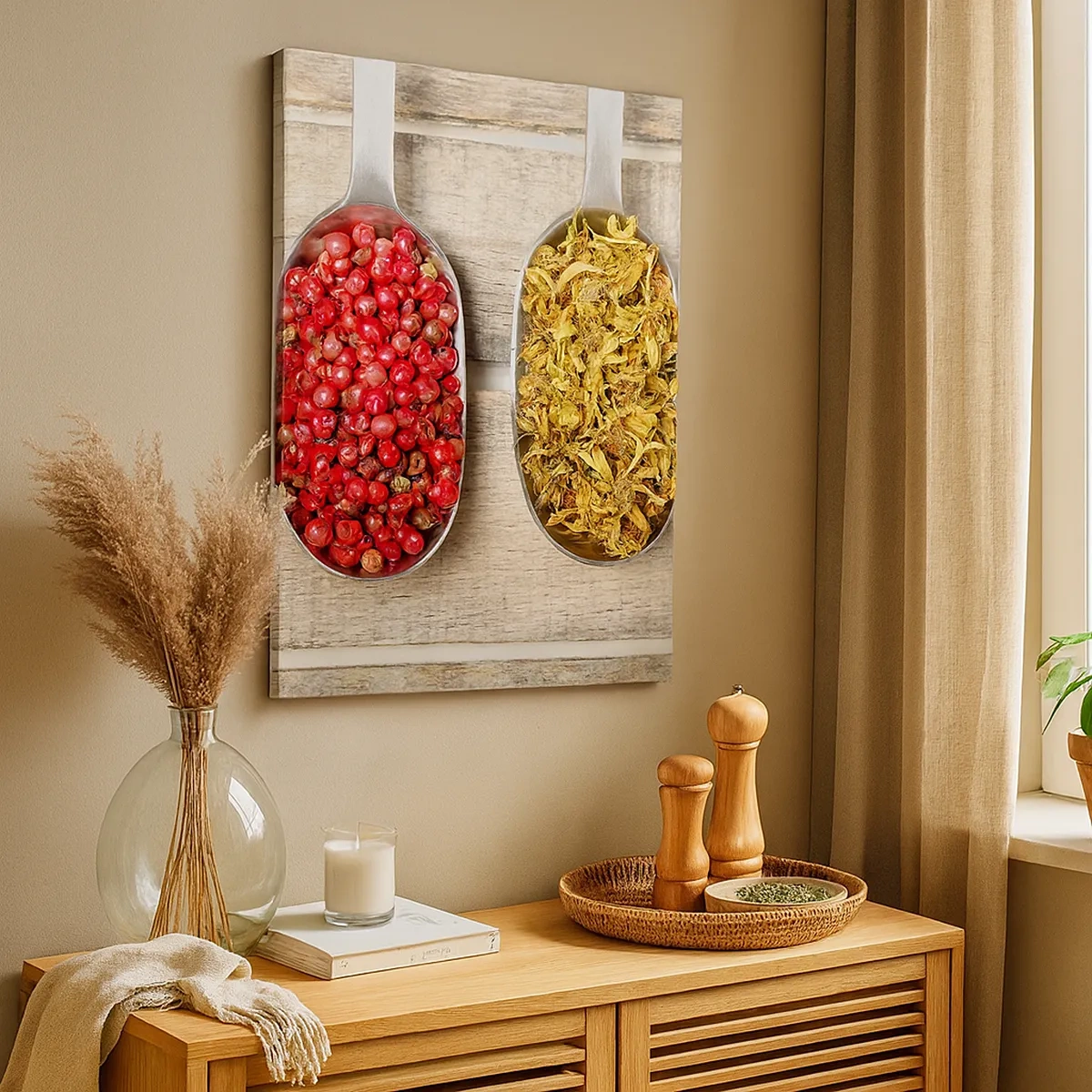 Impression sur toile - Image sur toile - Trois cuillères en métal avec des épices sur un fond en bois - 50x70cm - Magie de la cuisine - Décoration murale moderne pour le salon et la chambre ARTTOR