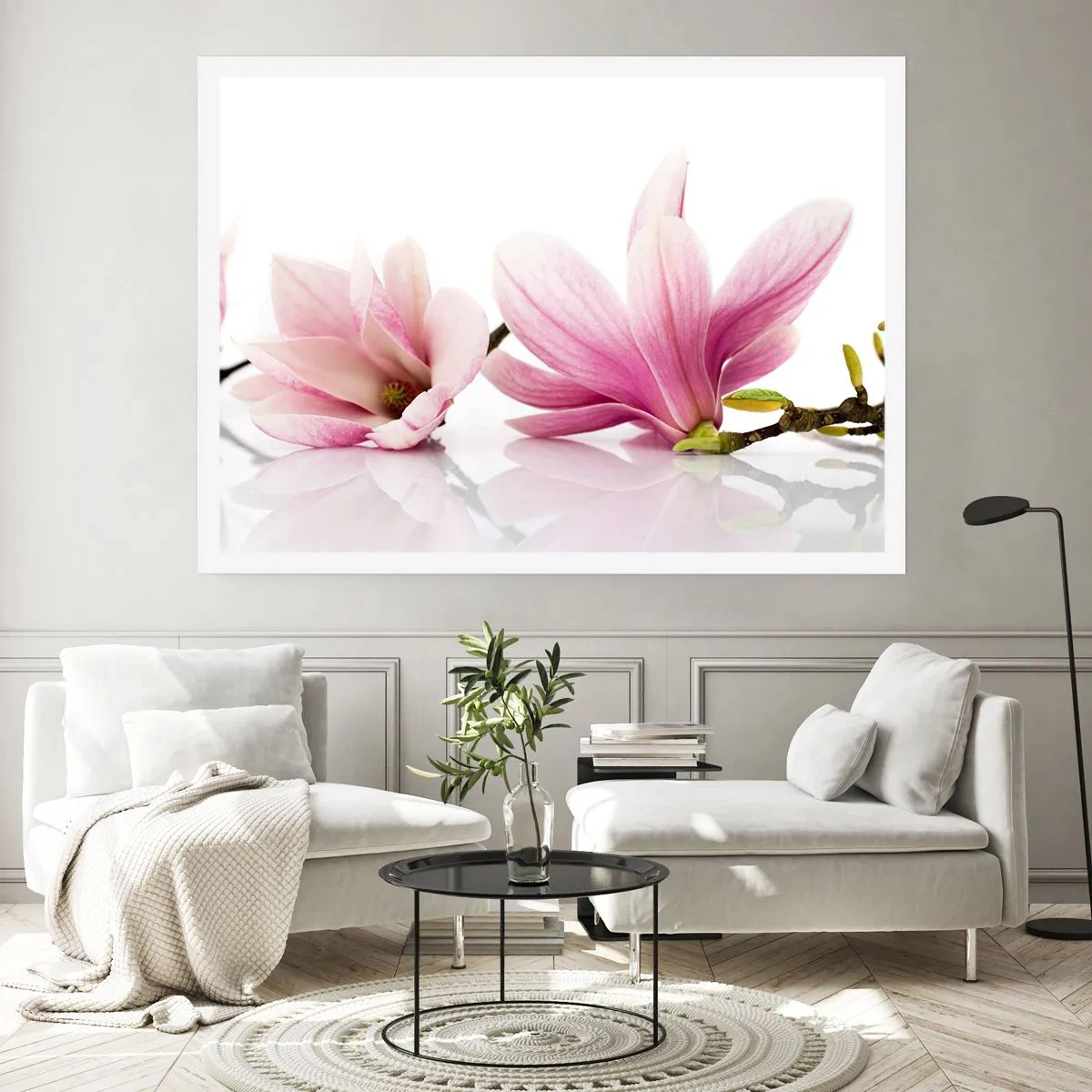 Affiche - Poster - Magnolias roses délicats sur fond blanc - 100x70cm - Délicat comme une brise de printemps - Décoration murale moderne pour le salon et la chambre ARTTOR