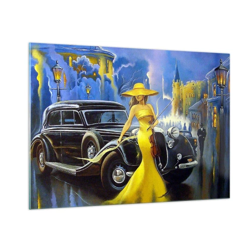 Impression sur verre - Image sur verre - Une femme en robe jaune à côté d'une voiture ancienne - 100x70cm - Nocturne pour violon et amour - Décoration murale moderne pour le salon et la chambre ARTTOR