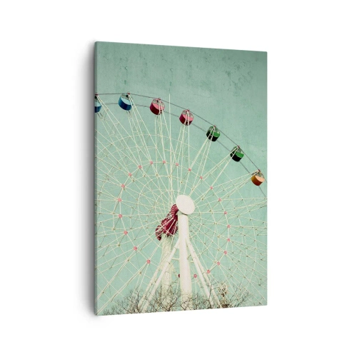 Impression sur toile - Image sur toile - Une grande roue colorée contre un ciel bleu dans un style rétro - 50x70cm - Nous vous invitons à vous amuser - Décoration murale moderne pour le salon et la chambre ARTTOR