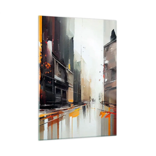 Impression sur verre - Image sur verre - Une rue sous la pluie avec de grands immeubles aux couleurs chaudes - 50x70cm - Jour de pluie - Décoration murale moderne pour le salon et la chambre ARTTOR