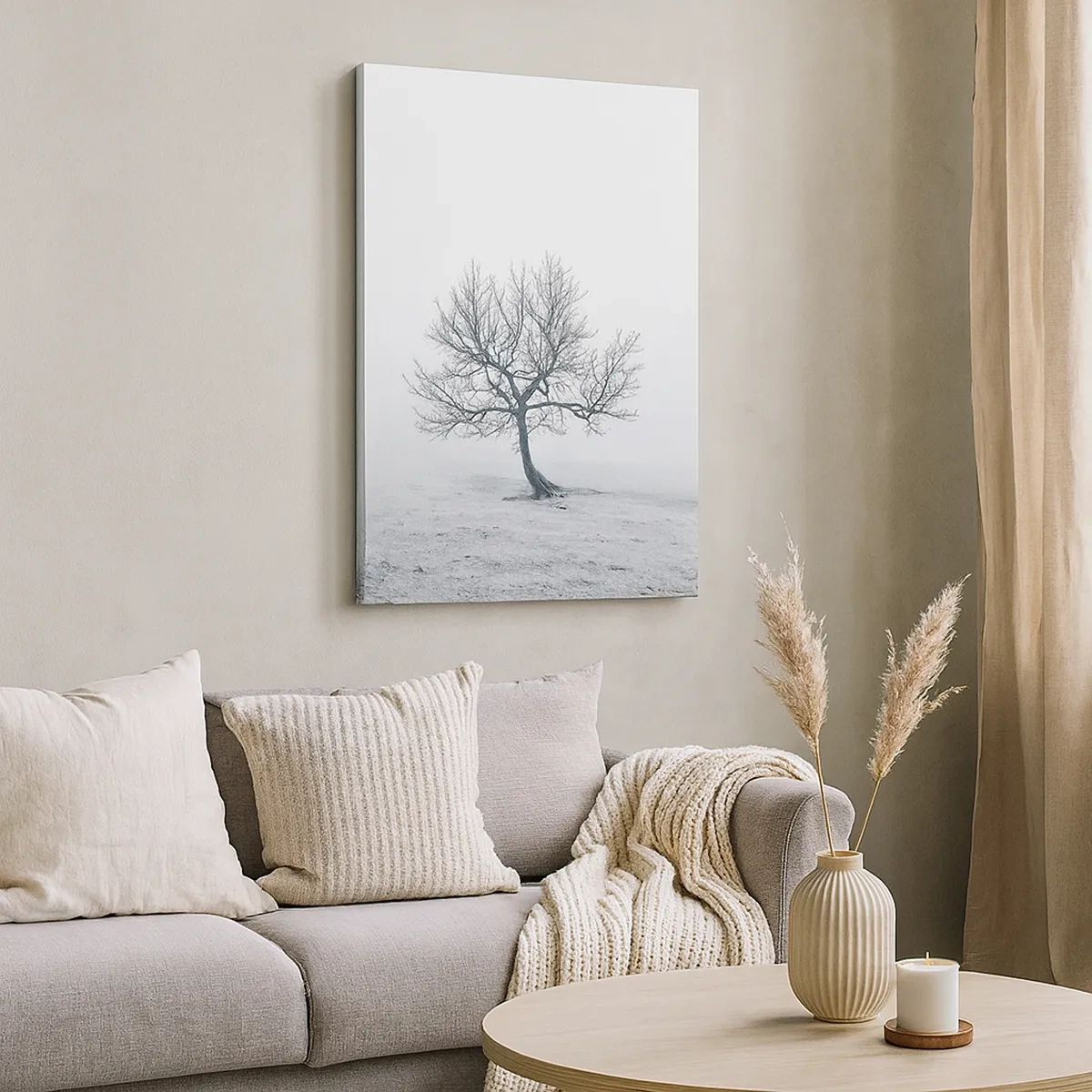 Impression sur toile - Image sur toile - Un arbre solitaire dans le brouillard hivernal dans un champ vide - 50x70cm - Contre le néant - Décoration murale moderne pour le salon et la chambre ARTTOR