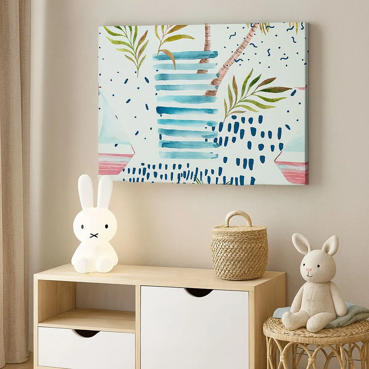 Impression sur toile - Image sur toile - Motif abstrait avec des palmiers et des accents nautiques - 70x50cm - Des vacances sous les palmiers - Décoration murale moderne pour le salon et la chambre ARTTOR