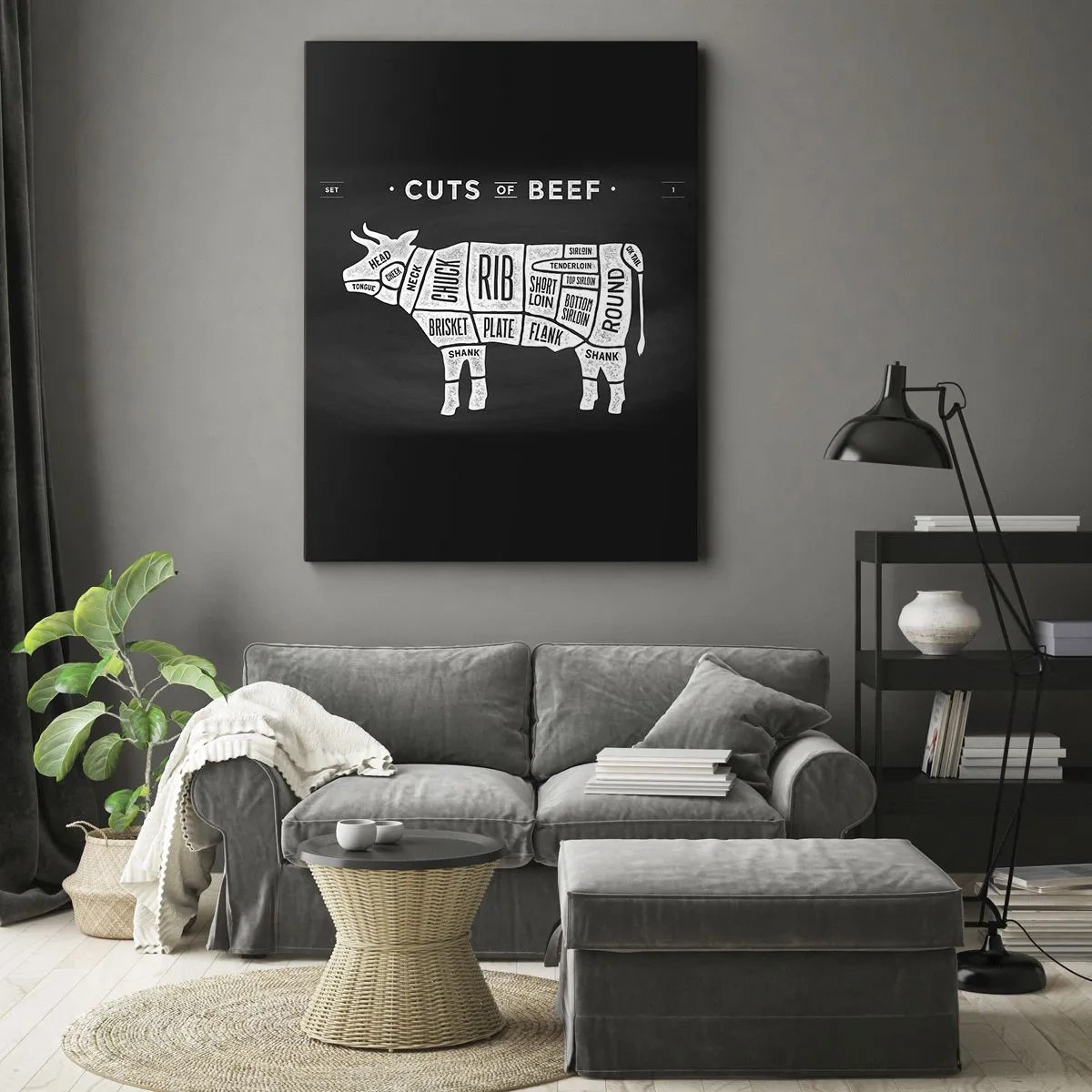 Impression sur toile - Image sur toile - Diagramme des coupes de bœuf sur fond noir - 50x70cm - L'art de la découpe - Décoration murale moderne pour le salon et la chambre ARTTOR