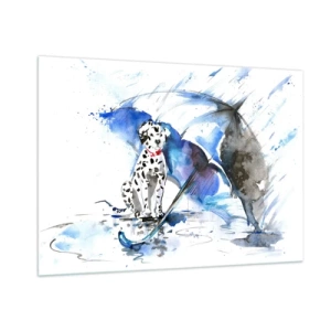 Impression sur verre - Image sur verre - Dalmatien avec un parapluie dans un décor pluvieux - 100x70cm - C'est à ça que sert un ami - Décoration murale moderne pour le salon et la chambre ARTTOR