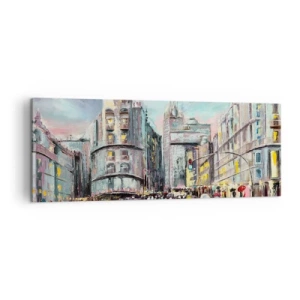 Impression sur toile - Image sur toile - Vue nocturne de la ville avec des reflets sur la rue mouillée - 140x50cm - Ce sera une soirée réussie - Décoration murale moderne pour le salon et la chambre ARTTOR